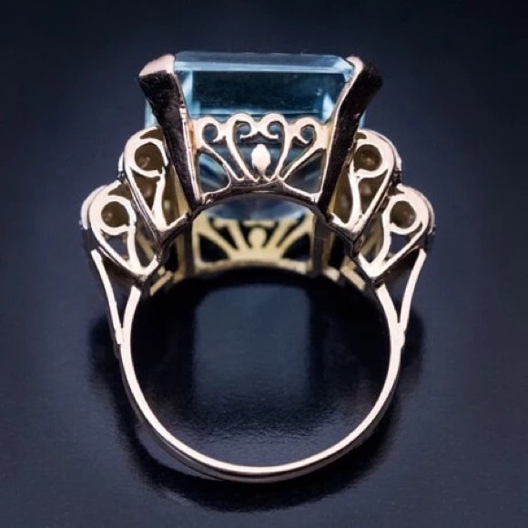 New Unisex 925 Silver Yellow Gold Plated Aquamarine Ring - Picture 4 of 6